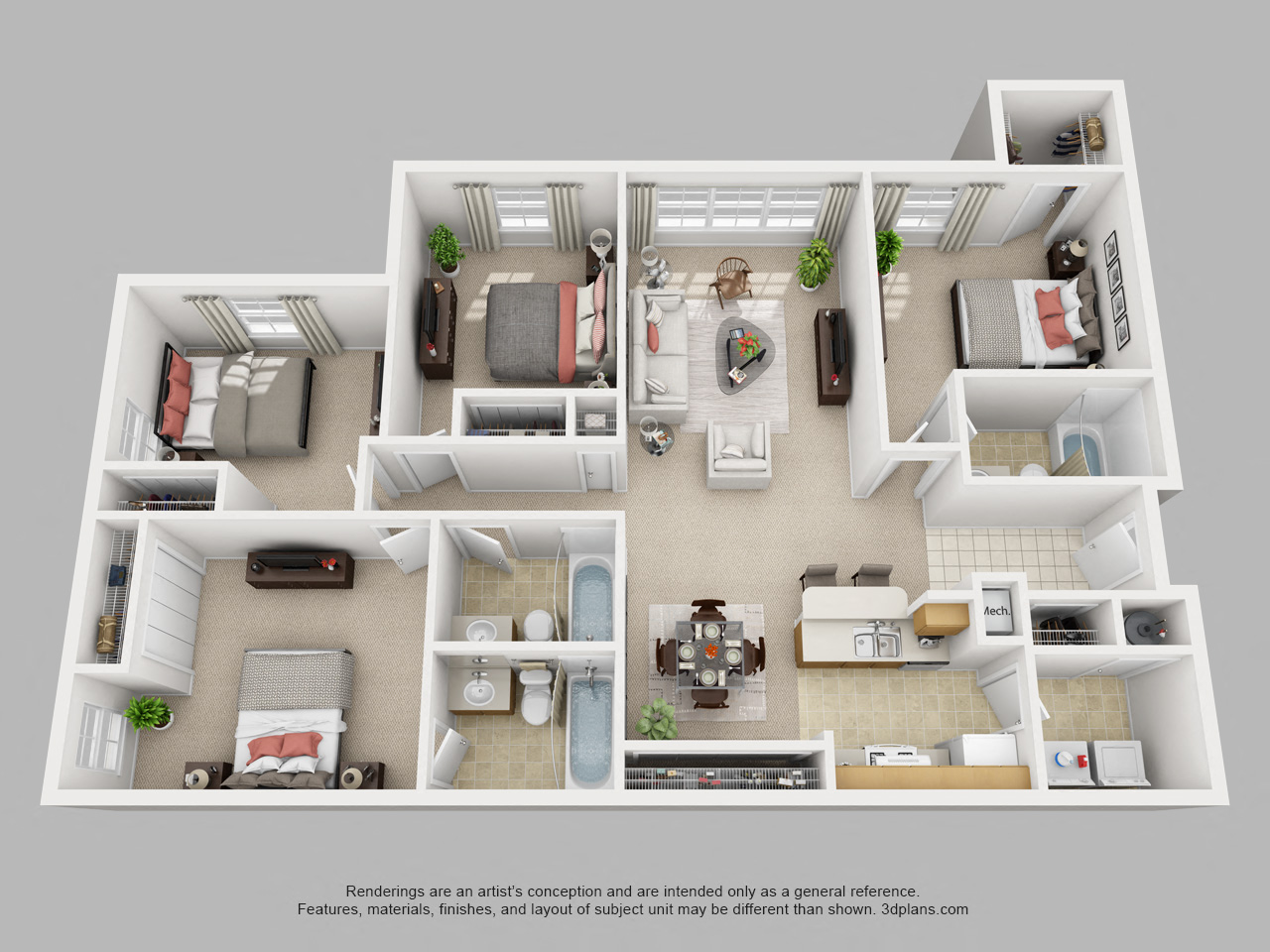 Floor plan for 4 beds, 3 baths, 1454 sqft